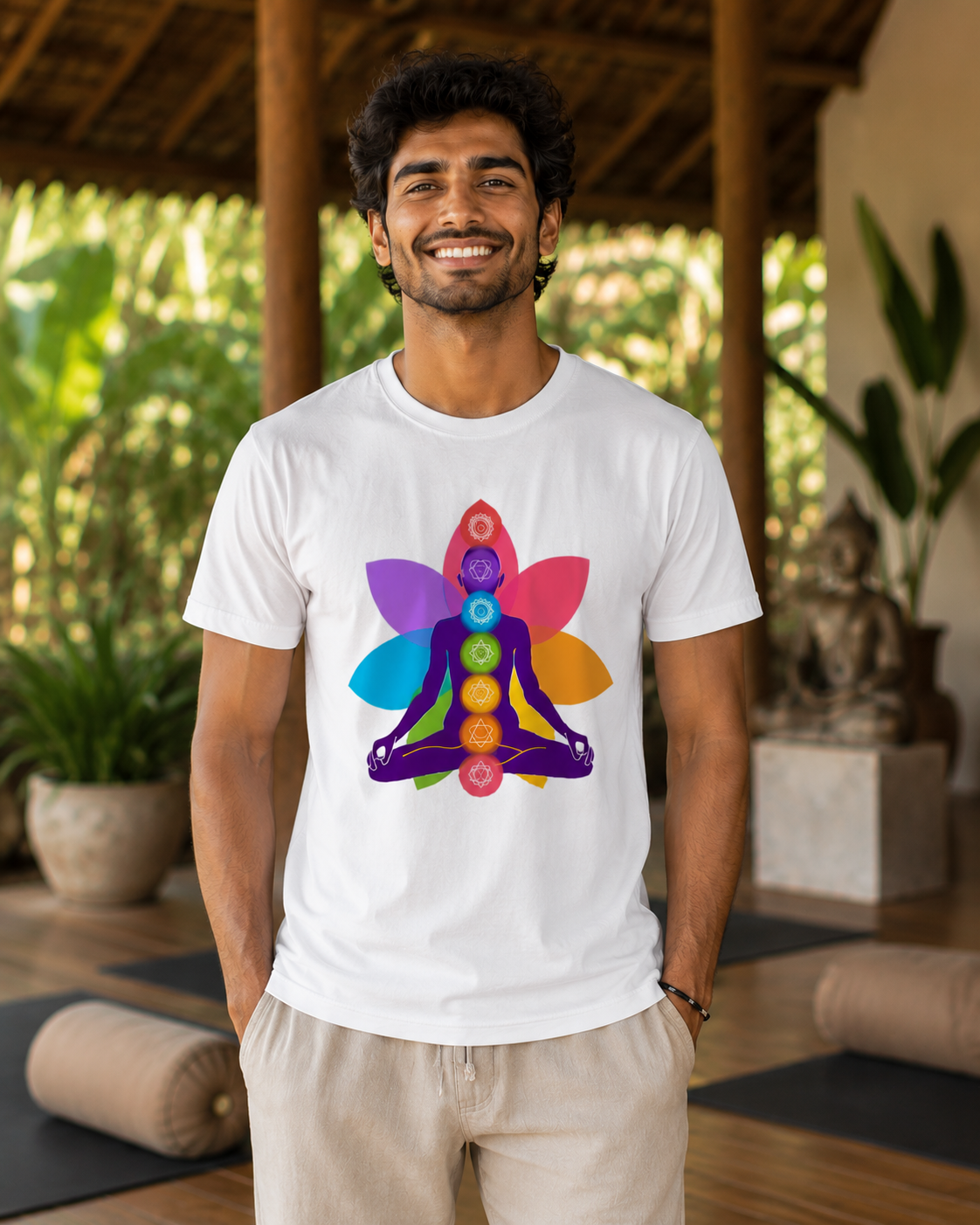 Yoga Chakras - White Round Neck Yoga T-shirt