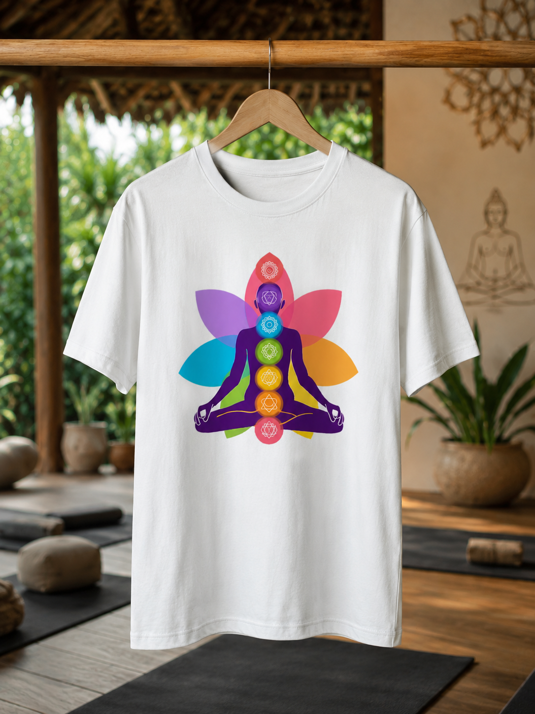 Yoga Chakras - White Round Neck Yoga T-shirt