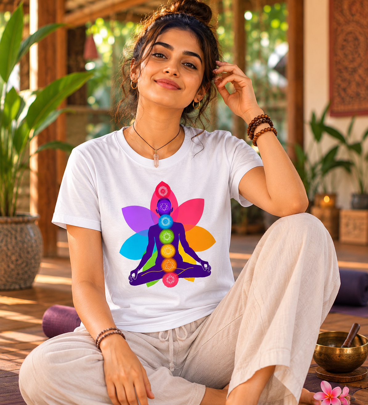 Yoga Chakras - White Round Neck Yoga T-shirt